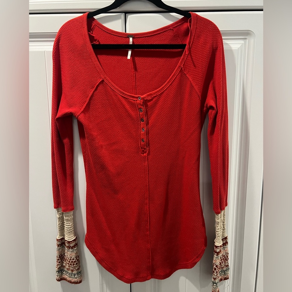 Free People Burnt Orange Long Sleeve Thermal with Patterned Cuffs